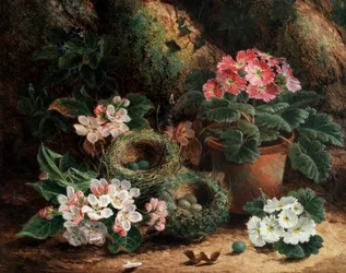 Flores de manzano y prímulas. Pintura de Oliver Clare (hacia 1853-1927) Colección privada.