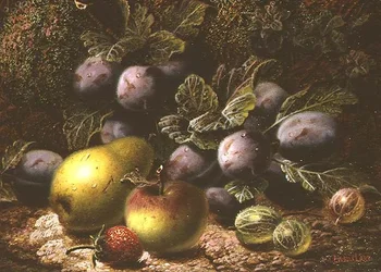 Naturaleza muerta con ciruelas, grosellas, manzana, pera y fresa