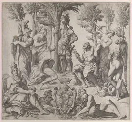 Composición Alegórica con seis dioses olímpicos reunidos alrededor de una figura en armadura, 1615-35