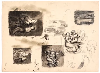 Hoja con varios estudios, incluyendo "Un hombre sorprende a una mujer" y "Diógenes busca un hombre"