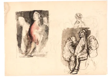 Diferentes bocetos, incluyendo un boceto coloreado de "Diógenes"