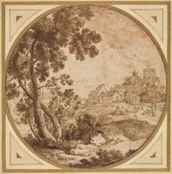 Paisaje con edificios y figuras