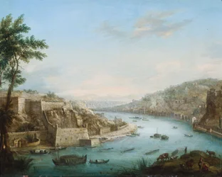 Vista de una ciudad en un río con embarcaciones (óleo sobre metal)