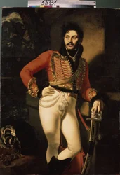 Retrato del Coronel Hussard Eugraph Davydov (1775-1823). (Retrato del Coronel Húsar E. Davydov). Pintura de Oreste Adamovich Kiprensky (Kiprenski) (1782-1836), óleo sobre lienzo
