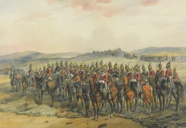 4th & 5th Dragoon Guards, Line of Heavy Dragoons before the Charge at Balaclava (pluma y tinta y acuarela sobre papel)