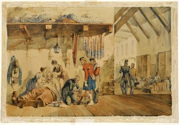 [Barrack] Hospital Scutari, escena con enfermeras y soldados del Regimiento Highland, 1854-56