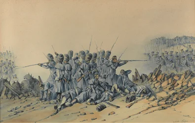 Last Stand of the Guards at the Sandbag Redout (acuarela sobre papel)