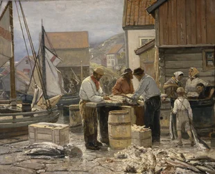 Mercado de pescado en Ålesund (óleo sobre lienzo)