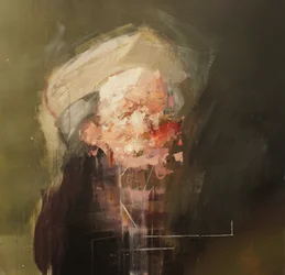 Después de Rembrandt - Autorretrato como el apóstol Pablo, 2020-24 ( acrílico, pastel y óleo sobre lienzo)