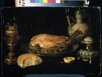 ""Bodegón de pollo, limón, pan, cubiertos y lámpara de aceite"" (Bodegón) Pintura de Osias Beert el Viejo (1580-1624) Museo de Arte Mikhail Kroshitsky del siglo XVII, Sebastopol (Sebastopol) Ucrania