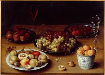 Bodegón de frutas y vaso