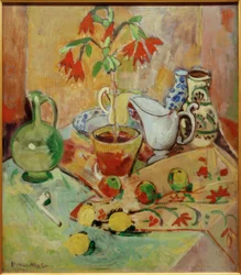 Naturaleza muerta con planta en maceta y jarras, frutas y pipa