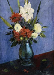 Jarrón de flores con gladiolos y dalias