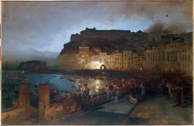 Fuegos artificiales en Nápoles (Italia) - Pintura de Oswald Achenbach (1827-1905), óleo sobre lienzo