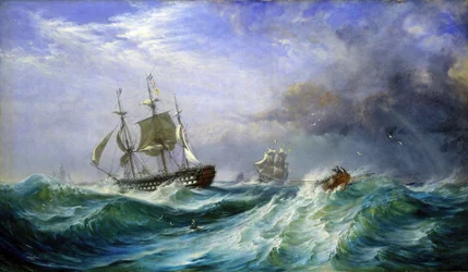 Un hombre en el mar, lanzando ayuda desde el HMS 