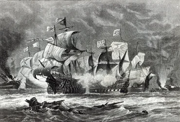 El Vanguard, bajo Sir William Winter, enfrentando a la Armada Española, de 