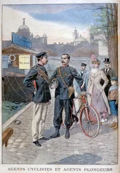 Un oficial de policía ciclista y acuático, París, 1900