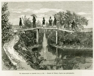 Un misionero en turno. Grabado por Tofani, para ilustrar la historia Treinta meses en Tonkín, en 1884, por el Doctor Paul Hocquard, en le tour du monde 1890, bajo la dirección de Edouard Charton (1807-1890), Hachette, París.