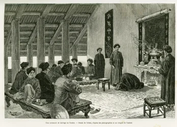 Una ceremonia de boda en Tonkín. Grabado por Tofani, para ilustrar la historia Treinta meses en Tonkín, en 1884, por el Dr. Paul Hocquard, en le tour du monde 1890, bajo la dirección de Edouard Charton (1807-1890), Hachette, París.