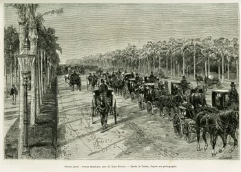 Buenos Aires, Avenida Sarmiento, Parque Tres de Febrero. Grabado por Tofani, para ilustrar la historia Viaje a la Plata, en 1886, por Emile Daireaux, en le tour du monde 1888, dirigido por Edouard Charton (1807-1890), Hachette, París.