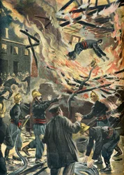 Muerte del bombero Bailly durante el incendio de un molino en Bourges en 1898 (Grabado)