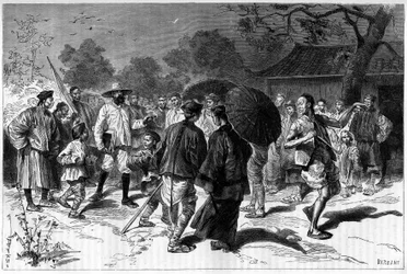 El Dr. Piassetzky viaja a China, siempre acompañado por chinos. Grabado según un dibujo de Tofani, en "Le Tour du Monde, Nouveau journal des Voyages", editado por Edouard Charton, París