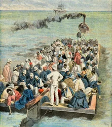 Embarque en el buque hospital de los heridos de la expedición de madagascar en 1896 (Grabado)