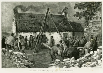 Escena de desalojo. Grabado por Tofani, para ilustrar la historia Tres meses en Irlanda, en 1889, por Marie Anne de Bovet, en le tour du monde 1890, dirigido por Edouard Charton (1807-1890), Hachette, París.