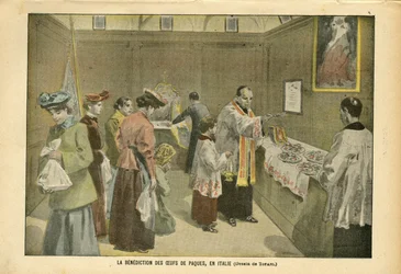 Ilustración de Oswaldo Tofani (1849-1915) en Le Pelerin, 03/04/04 - La bendición de los huevos de Pascua en Italia - Italia, Religión Fe, Pascua, Catolicismo Católico - Huevo