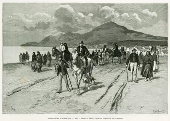 Isleños yendo a misa. Grabado de Tofani, para ilustrar la historia Tres meses en Irlanda, en 1889, de Marie Anne de Bovet, en Le Tour du Monde 1890, dirigido por Edouard Charton (1807-1890), Hachette, París.