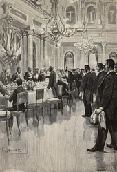 Diplomáticos italianos brindando juntos, París, Francia, grabado de un dibujo de Gennaro Amato, de un boceto de Osvaldo Tofani, de L