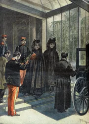 Madame Félix Faure abandonando el Elíseo tras la muerte del presidente de la República en 1899 (Grabado)