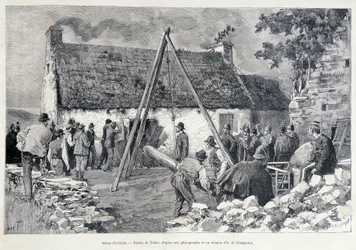 Hombres corriendo a través de una puerta con la ayuda de un árbol de barriga para expulsar al ocupante de la vivienda. Dibujo de Tofani a partir de un boceto de O. de Champeaux (siglo XIX)