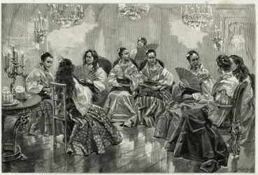 Feria comercial china de Narcisso, Daraga, Filipinas. Grabado por Tofani, para ilustrar la historia "Viaje a Filipinas"