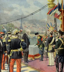 Nicolas 2 coloca la primera piedra del puente Alexandre 3, en presencia de Félix Faure, París 1896 (Grabado)