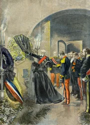 Nicolas 2 deposita una corona de flores en la tumba de Sadi Carnot en el Panteón, París1896 (Grabado)