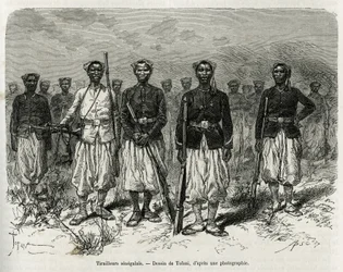 Jinetes senegaleses de la escolta de la expedición. Grabado por Tofani, ilustración de la historia de Exploración en Alto Níger, por el Comandante Gallieni, de la Infantería de Marina, en 1880-1881, publicado en el Tour du monde, bajo la dirección de Edoua