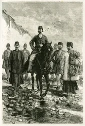 El gobernador de Kashan (o Kachan, en la provincia de Teherán, actual Irán) monta un caballo negro y su séquito va a pie. Grabado de Tofani, según una fotografía, para ilustrar el relato 