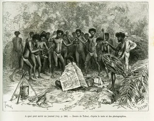 ¿Para qué puede servir un periódico? Grabado por Tofani, para ilustrar la historia Chez les cannibales, Viaje en el noreste de Australia
