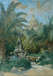 Vista de la embajada en Roma: vista desde el jardín con la cúpula a la derecha