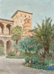 Vista de la embajada en Roma: jardín con vista a las arcadas