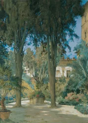 Vista de la embajada en Roma: zona ajardinada con dos cipreses