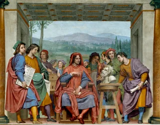 Lorenzo de Médici (1449-1492), Lorenzo el Magnífico, sentado entre artistas florentinos. Admira una cabeza de fauno de Miguel Ángel (Michelangelo, Michel Ange). Fresco de Ottavio Vannini (1585-1643). Hacia 1635, Sala