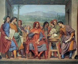 Laurent de Medici (1449 - 1492) (Laurent el Magnífico: Lorenzo il Magnifico) sentado en medio de los artistas, Fresco de Ottavio Vannini (1585 1643) - Museo degli argenti, Florencia