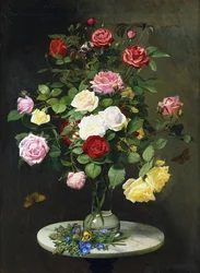 Un ramo de rosas en un jarrón de vidrio con flores silvestres en una mesa de mármol, 1882