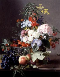 Naturaleza muerta con frutas y flores. Pintura de Otto Didrik Ottesen (1816-1892) Colección privada.