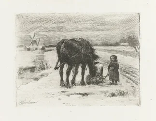 Paisaje nevado con niño y caballo.