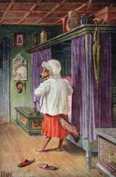 Tarjeta postal con el lobo disfrazado de la abuela de Caperucita Roja (litografía en color)