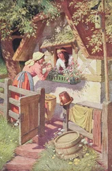 La malvada reina, disfrazada de anciana, ofrece la manzana envenenada a Blancanieves, ilustración del cuento de los Grimm «Blancanieves y los siete enanitos», hacia 1900