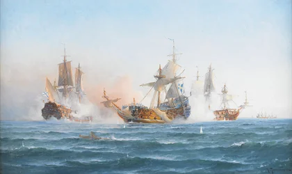 HMS Wachtmeister luchando contra el escuadrón ruso el 4 de junio de 1719